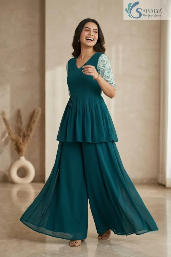 Saivalya_Teal_Grace_Georgette_Peplum_Palazzo_Set