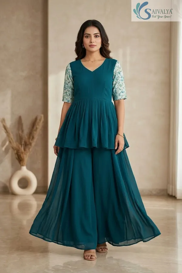 Saivalya_Teal_Grace_Georgette_Peplum_Palazzo_Set