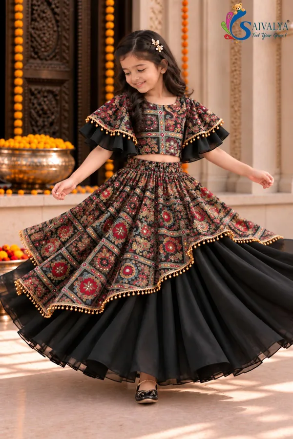 Black_Kalamkari_Blossom_Asymmetric_Georgette_Lehenga_Set