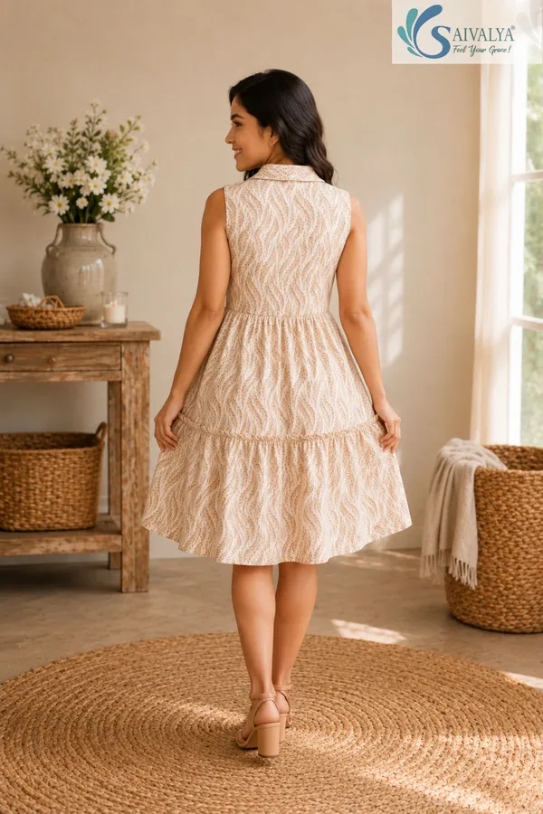 Wheat-Weave_Mulmul_Tiered_Dress_-_Light_Brown_-_For_Women