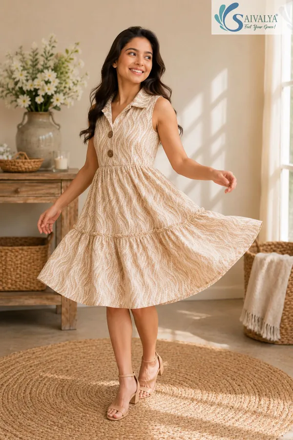 Wheat-Weave_Mulmul_Tiered_Dress_-_Light_Brown_-_For_Women