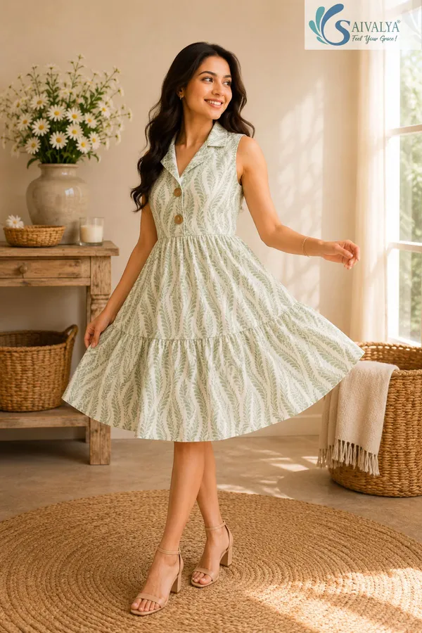 Wheat-Weave_Mulmul_Tiered_Dress_-_Light_Green_-_For_Women