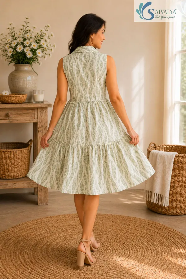 Wheat-Weave_Mulmul_Tiered_Dress_-_Light_Green_-_For_Women