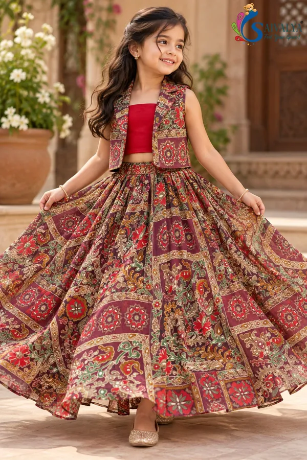 Wine_Kalamkari_Blossom_3_Piece_Crop_Top,_Jacket_&_Flared_Skirt_Set_for_Girls