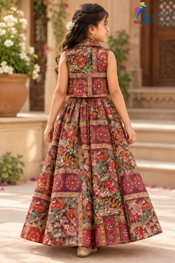 Wine_Kalamkari_Blossom_3_Piece_Crop_Top,_Jacket_&_Flared_Skirt_Set_for_Girls