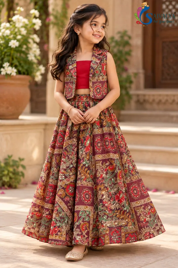 Wine_Kalamkari_Blossom_3_Piece_Crop_Top,_Jacket_&_Flared_Skirt_Set_for_Girls