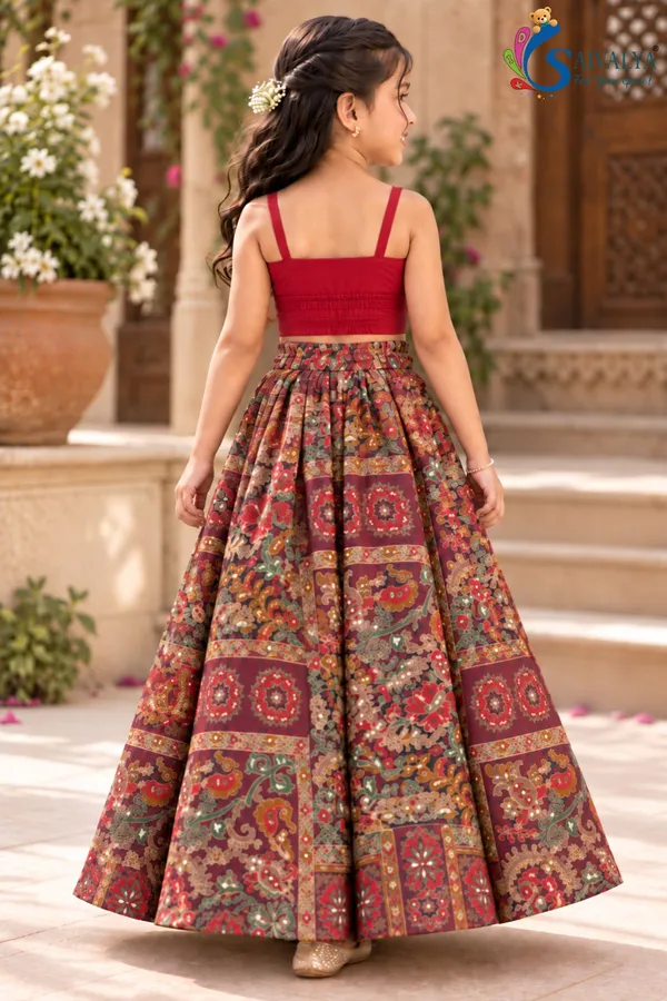 Wine_Kalamkari_Blossom_3_Piece_Crop_Top,_Jacket_&_Flared_Skirt_Set_for_Girls