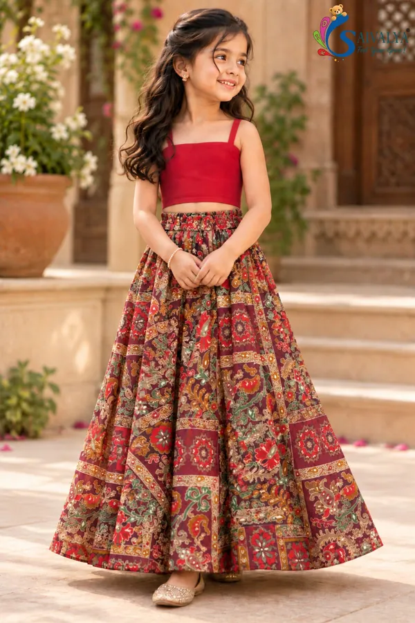 Wine_Kalamkari_Blossom_3_Piece_Crop_Top,_Jacket_&_Flared_Skirt_Set_for_Girls