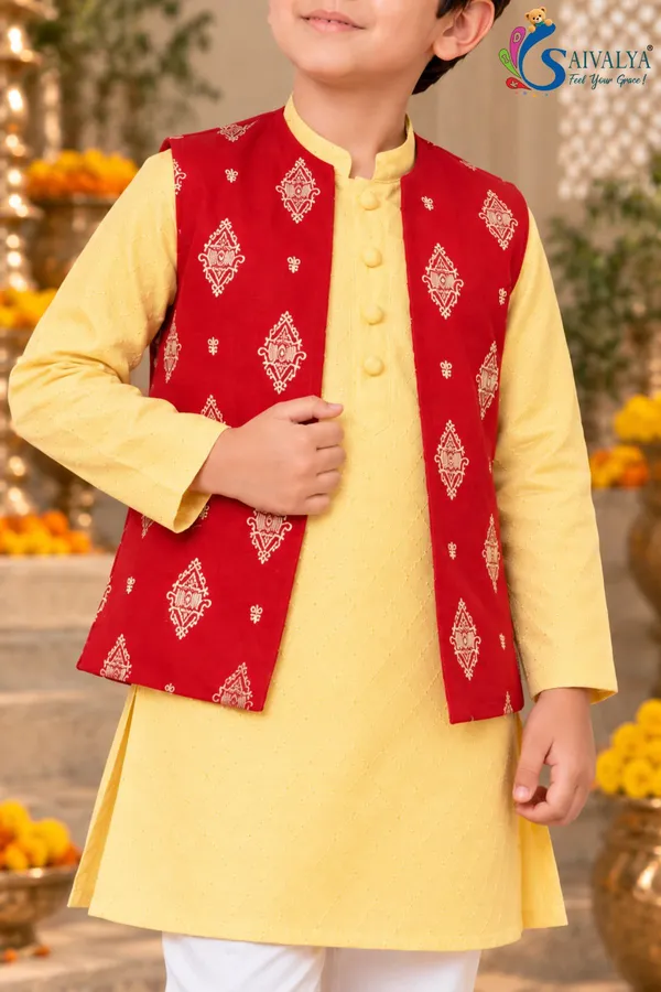 Yellow_Soft_Brocade_Kurta_Pant_Set_with_Ruby_Red_Art_Silk_Jacket_for_Boys