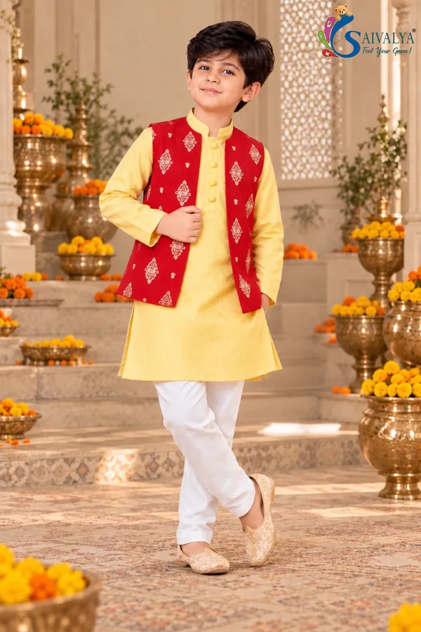Yellow_Soft_Brocade_Kurta_Pant_Set_with_Ruby_Red_Art_Silk_Jacket_for_Boys
