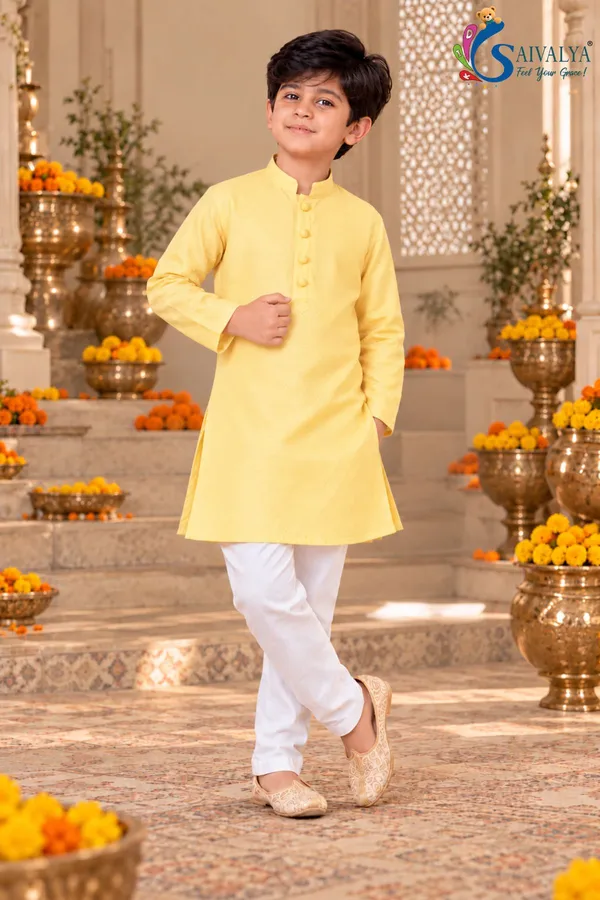 Yellow_Soft_Brocade_Kurta_Pant_Set_with_Ruby_Red_Art_Silk_Jacket_for_Boys