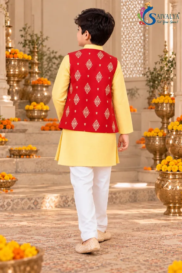 Yellow_Soft_Brocade_Kurta_Pant_Set_with_Ruby_Red_Art_Silk_Jacket_for_Boys