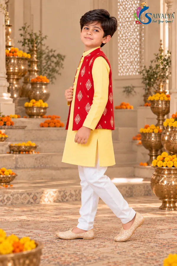 Yellow_Soft_Brocade_Kurta_Pant_Set_with_Ruby_Red_Art_Silk_Jacket_for_Boys