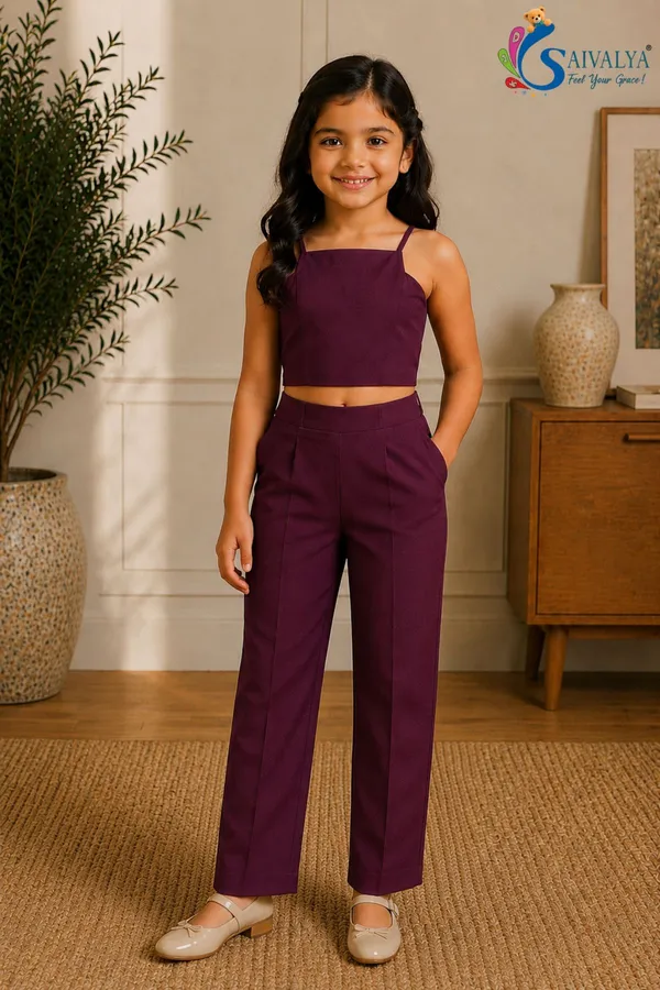 Wine_Cotton_Satin_3_Piece_Co_Ord_Set_(Jacket,_Crop_Top_And_Pants)_For_Girls
