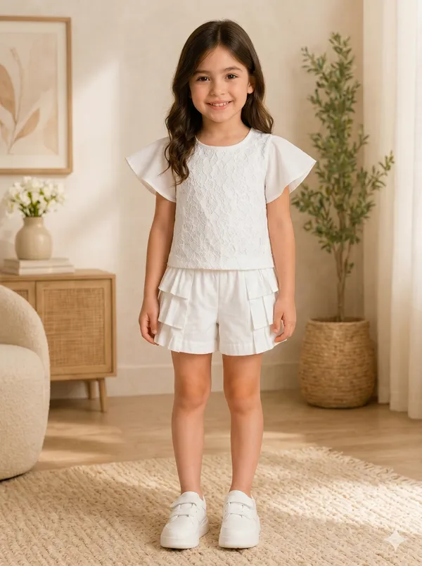 White_Pure_Cotton_Top_&_Shorts_Set_For_Girls