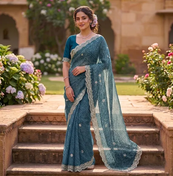Elegant_Leheriya_Saree_With_Sequin_Border_And_Matching_Blouse_Teal_Blue
