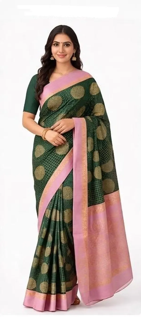 Checkered_Silk_Saree_With_Border_And_Golden_Motifs_Green_And_Pink