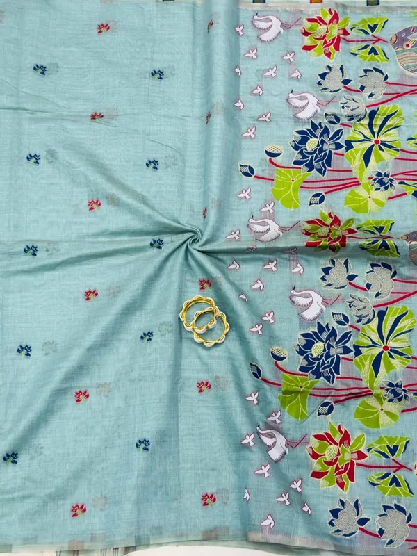 Linen_Saree_With_Handpainted_Floral_Pallu_And_Embroidered_Blouse_Sky_Blue