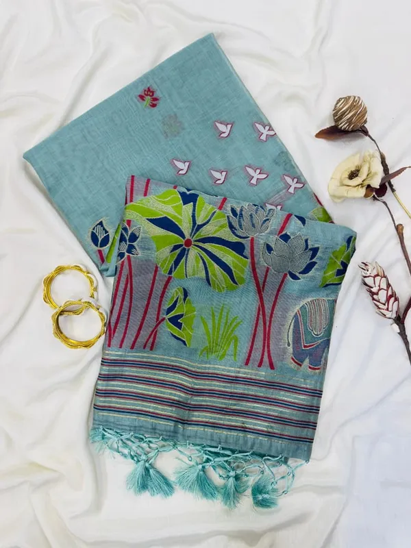 Linen_Saree_With_Handpainted_Floral_Pallu_And_Embroidered_Blouse_Sky_Blue