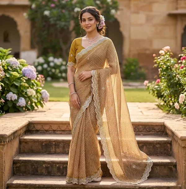 Embellished_Lehariya_Design_Saree_With_Designer_Border_And_Blouse_Golden_Beige