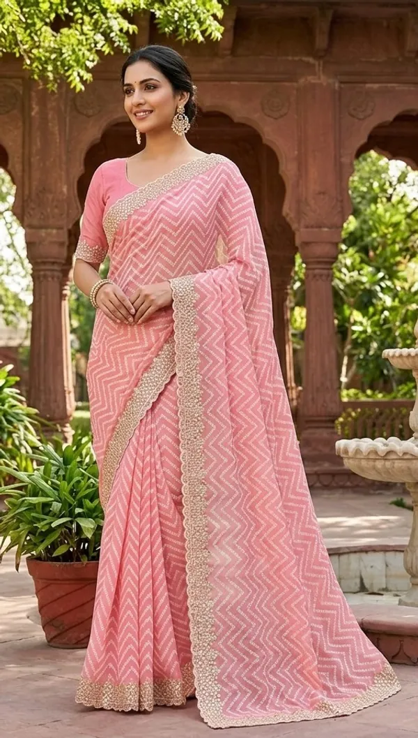 Embordered_Cotton_Zig_Zag_Design_Chevron_Pattern_Saree_With_Embellished_Border_And_Blouse_Pink