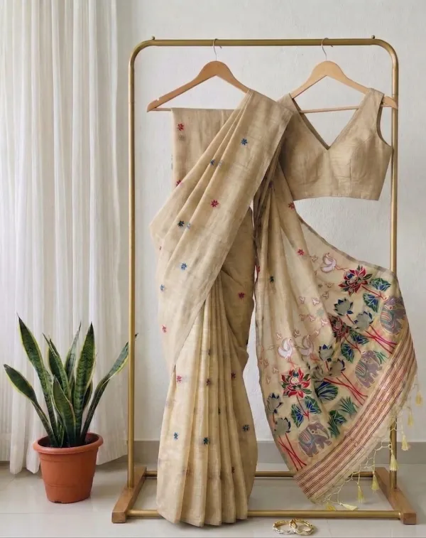 Tussar_Silk_Saree_With_Handpainted_Floral_And_Elephant_Motifs_Beige