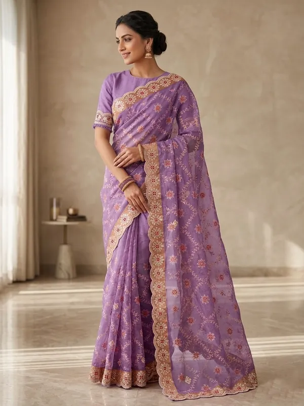EMBRODRED_COTTON_FLOWER_JAL_DESIGN_SAREE_With_Scalloped_Border_And_Embellished_Blouse_Purple