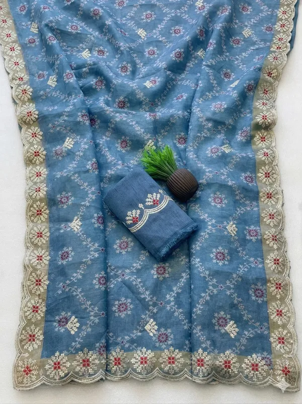 Floral_Embroidered_Cotton_Flower_Saree_With_Embellished_Border_And_Blouse_Blue_For_Women