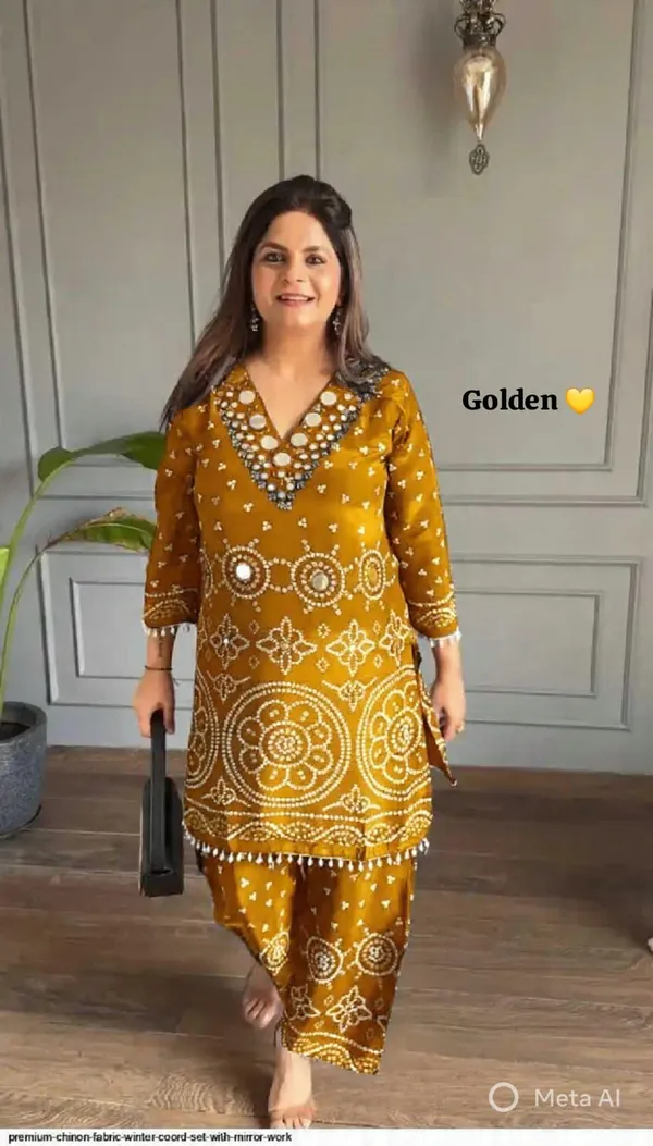 Golden_Beautiful_Heavy_quality_Power_loom_Crushef_Chinon_Silk_Fabric_designer_festive_wear_2pc_Cord-Sets_with_one_with_Crape_Lining