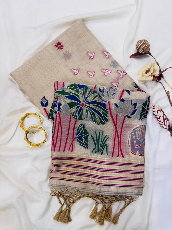 Tussar_Silk_Saree_With_Handpainted_Floral_And_Elephant_Motifs_Beige