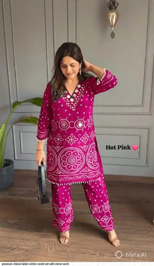 Hot_Pink_Beautiful_Heavy_quality_Power_loom_Crushef_Chinon_Silk_Fabric_designer_festive_wear_2pc_Cord-Sets_with_one_with_Crape_Lining