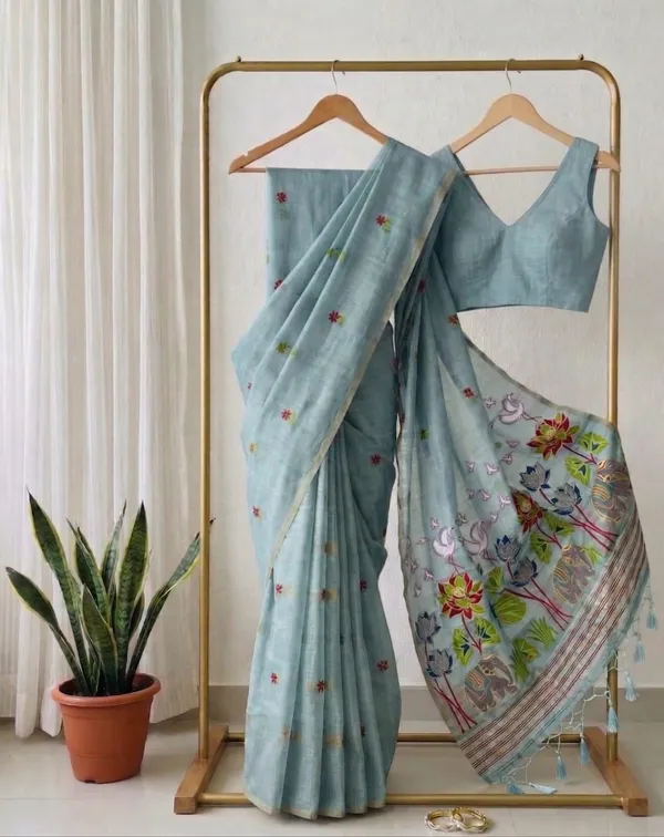 Linen_Saree_With_Handpainted_Floral_Pallu_And_Embroidered_Blouse_Sky_Blue