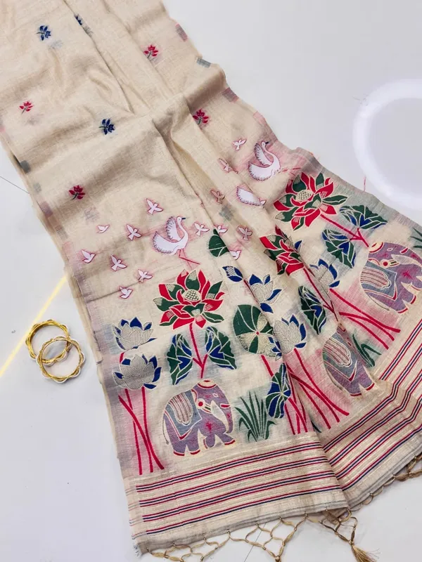 Tussar_Silk_Saree_With_Handpainted_Floral_And_Elephant_Motifs_Beige