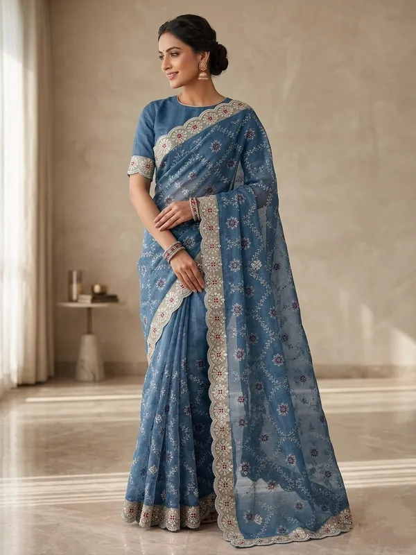 Floral_Embroidered_Cotton_Flower_Saree_With_Embellished_Border_And_Blouse_Blue_For_Women