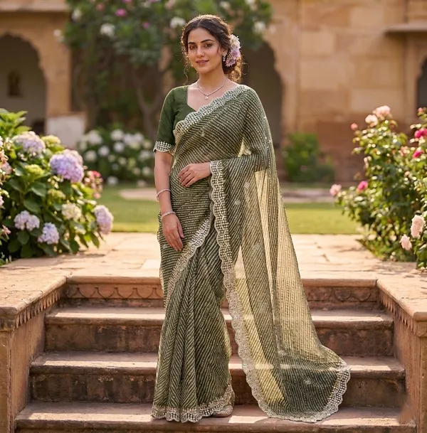Elegant_Lehariya_Kota_Doriya_Saree_With_Embellished_Border_And_Pearl_Details_Green