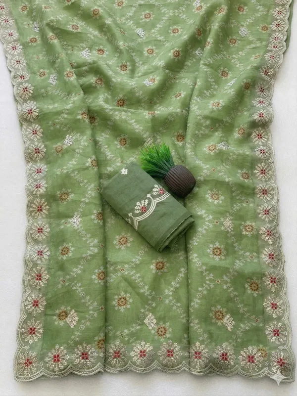 Organza_Saree_With_Embroidered_Border_And_Blouse_Green