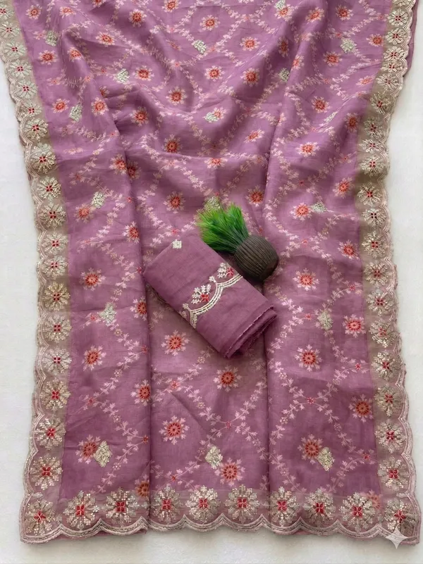 Embroidered_Net_Saree_With_Golden_Border_And_Matching_Blouse_Pink