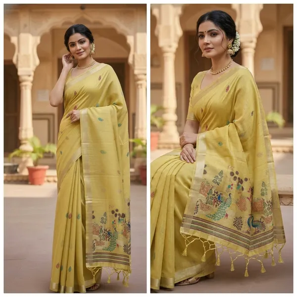 Rutexa_Fashion_Printed_Floral_Print_Paisley_Jamdani_Cotton_Blend_Saree_Yellow