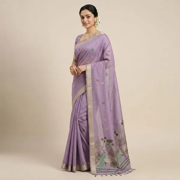 Rutexafashion_Printed_Floral_Print_Jamdani_Cotton_Blend_Saree_Purple