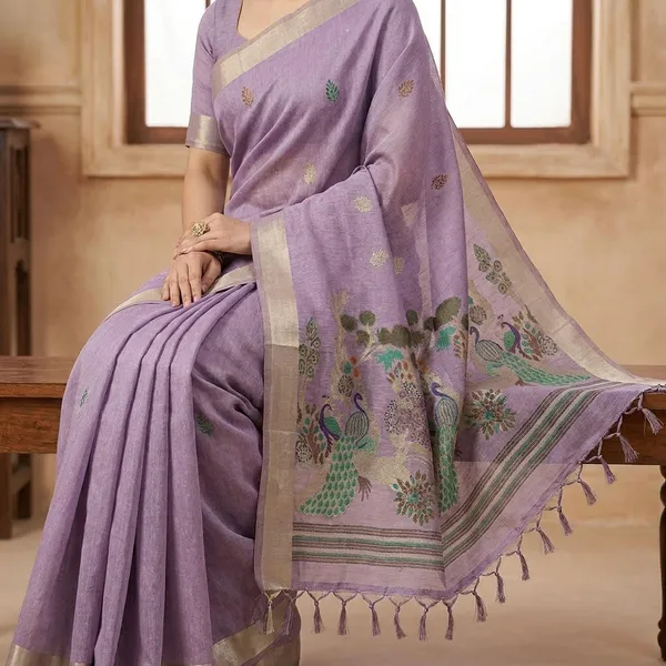 Rutexafashion_Printed_Floral_Print_Jamdani_Cotton_Blend_Saree_Purple