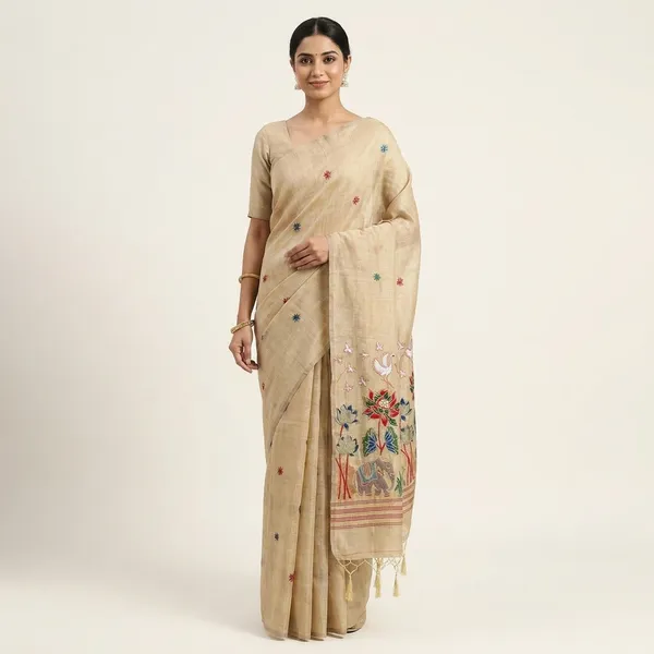 Tussar_Silk_Saree_With_Handpainted_Floral_And_Elephant_Motifs_Beige