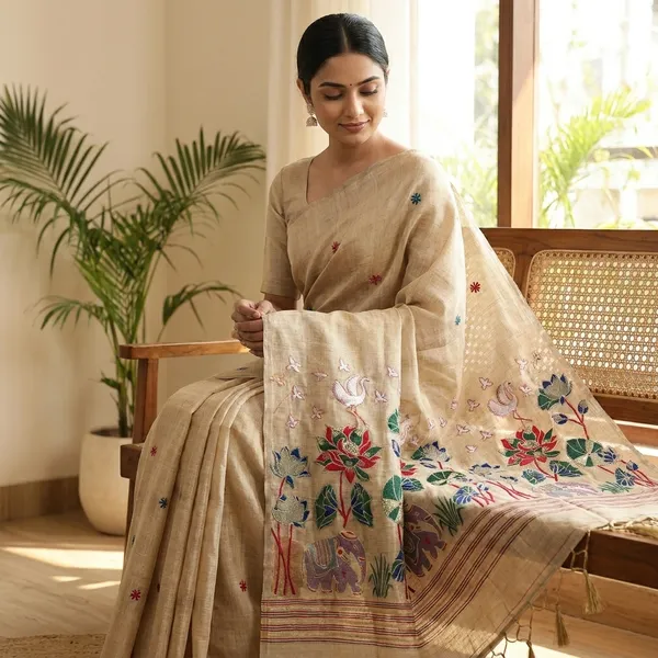 Tussar_Silk_Saree_With_Handpainted_Floral_And_Elephant_Motifs_Beige