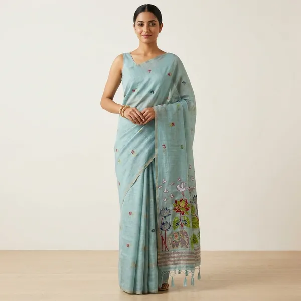 Linen_Saree_With_Handpainted_Floral_Pallu_And_Embroidered_Blouse_Sky_Blue