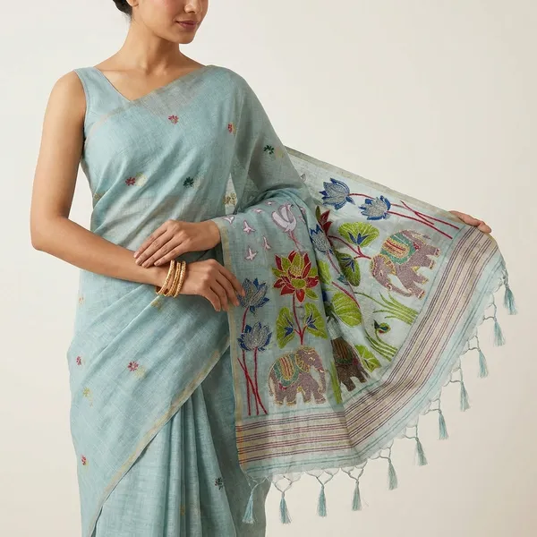 Linen_Saree_With_Handpainted_Floral_Pallu_And_Embroidered_Blouse_Sky_Blue