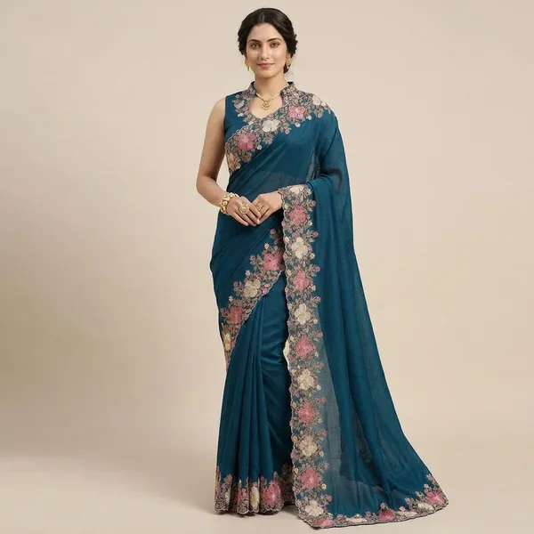 Rutexa_Fashion_Embroidered_Floral_Print_Bollywood_Cotton_Blend_Saree_Blue