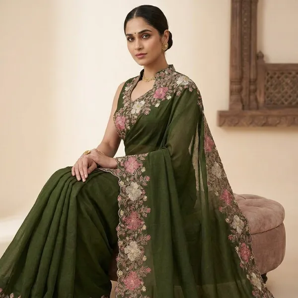 Rutexa_Fashion_Embroidered_Floral_Print_Self_Design_Chanderi_Cotton_Blend_Saree_Green