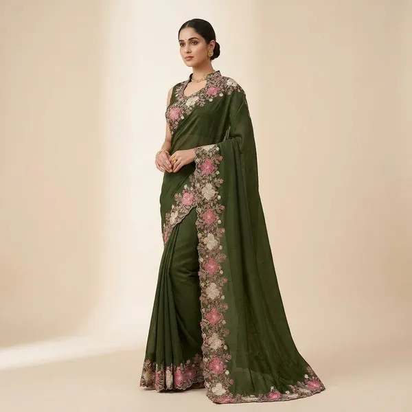 Rutexa_Fashion_Embroidered_Floral_Print_Self_Design_Chanderi_Cotton_Blend_Saree_Green