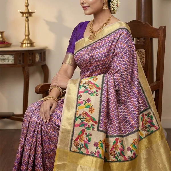 Rutexa_Fashion_Geometric_Print_Floral_Print_Ikkat_Tussar_Silk_Saree_Yellow