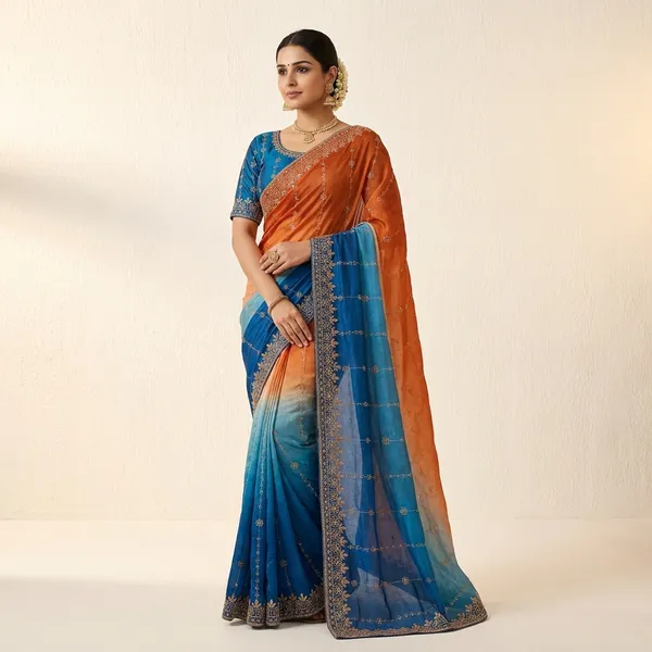Rutexa_Fashion_Dyed_Color_Block_Embroidered_Jamdani_Chiffon_Saree_With_Semistitched_Blouse_Orange_And_Blue