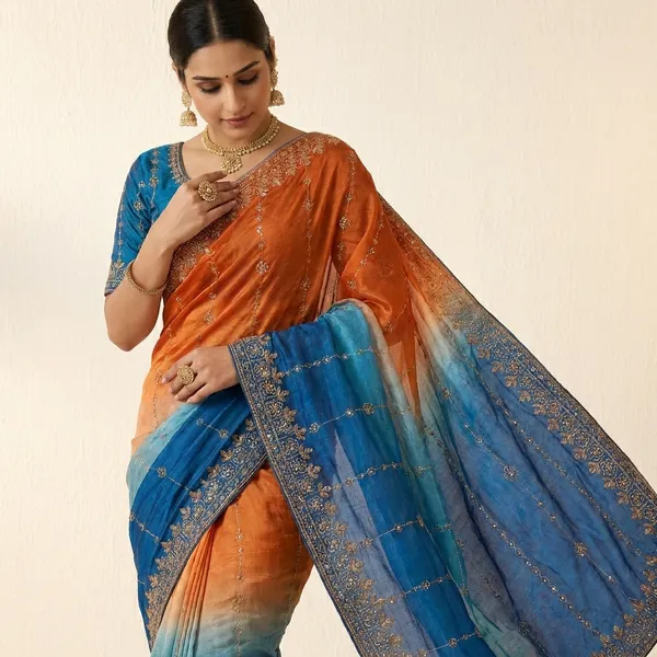 Rutexa_Fashion_Dyed_Color_Block_Embroidered_Jamdani_Chiffon_Saree_With_Semistitched_Blouse_Orange_And_Blue